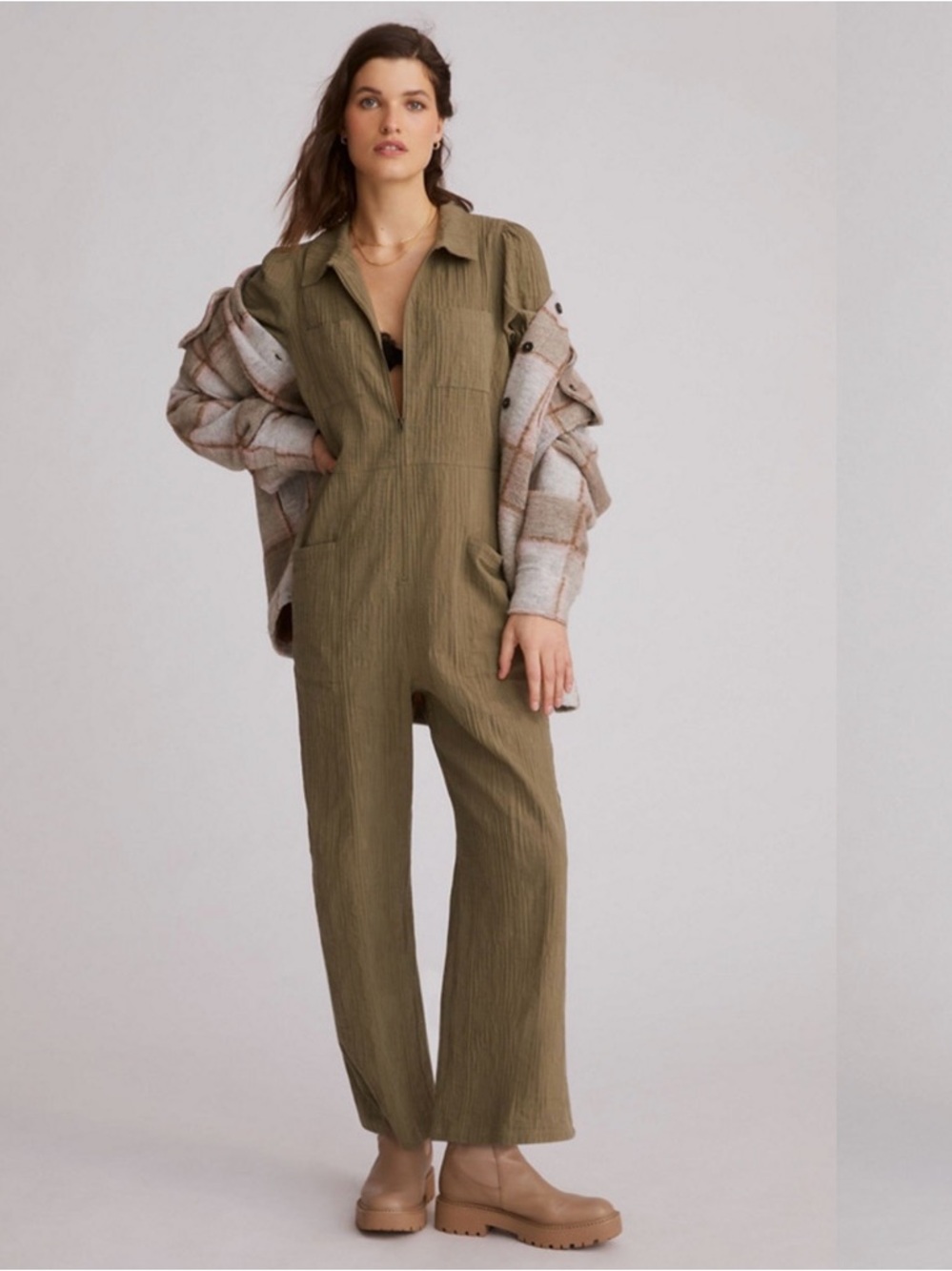 The Odells Tamil Textured Olive Utility Jumpsuit